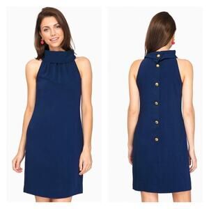 Sail To Sable M Cowl Neck Button Back Shift Dress Navy Blue
